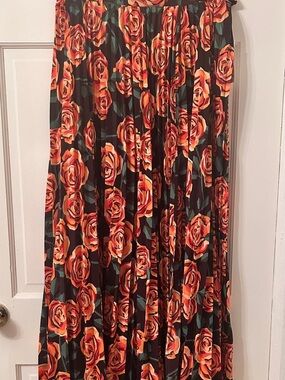 Floral Pleated Maxi Skirt - Black with Orange Rose Print